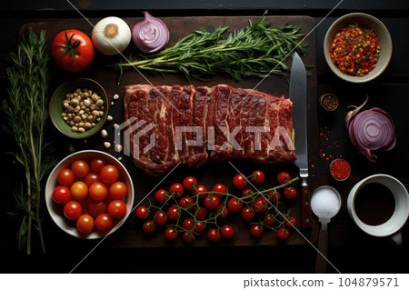 meat steak and vegetables on the grill 104879571