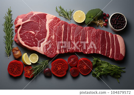 raw beef steak with herbs raw beef steak with herbs 104879572