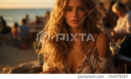 Portrait of a beautiful girl with long loose hair on the beach in front of the sea Portrait of a beautiful girl with long loose hair on the beach in front of the sea 104879587