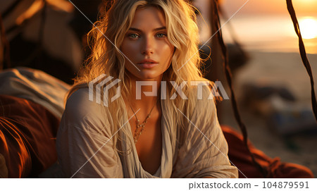 Portrait of a beautiful girl with long loose hair on the beach in front of the sea Portrait of a beautiful girl with long loose hair on the beach in front of the sea 104879591