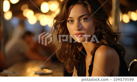 Portrait of a beautiful girl with long loose hair on the beach in front of the sea 104879599