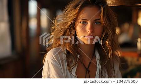 Portrait of a beautiful girl with long loose hair on the beach in front of the sea 104879600