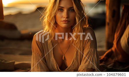 Portrait of a beautiful girl with long loose hair on the beach in front of the sea 104879601