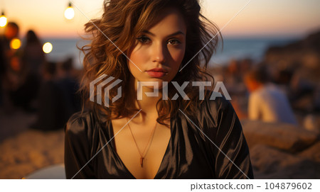 Portrait of a beautiful girl with long loose hair on the beach in front of the sea 104879602