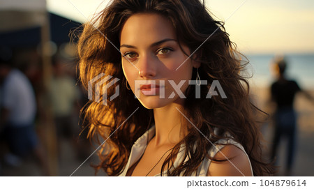 Portrait of a beautiful girl with long loose hair on the beach in front of the sea 104879614