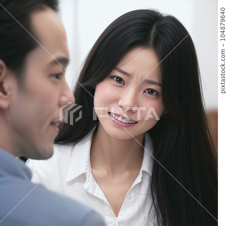 A woman who asks questions, a man who cuts his head, an AI-generated image 104879640