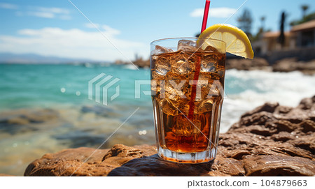 Tasty Cola in a glass with ice cubes on the beach near the sea or ocean, menu concept 104879663