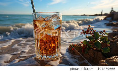 Tasty Cola in a glass with ice cubes on the beach near the sea or ocean, menu concept 104879666