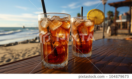 Tasty Cola in a glass with ice cubes on the beach near the sea or ocean, menu concept 104879673