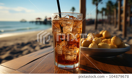 Tasty Cola in a glass with ice cubes on the beach near the sea or ocean, menu concept 104879678
