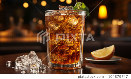 Tasty Cola in a glass with ice cubes and mint in a bar or cafe, menu concept 104879747