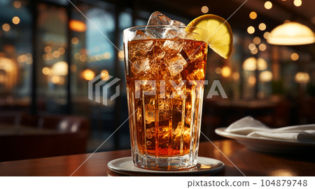 Tasty Cola in a glass with ice cubes and mint in a bar or cafe, menu concept 104879748