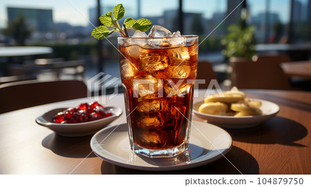 Tasty Cola in a glass with ice cubes and mint in a bar or cafe, menu concept Tasty Cola in a glass with ice cubes and mint in a bar or cafe, menu concept 104879750