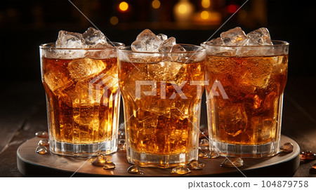 Tasty Cola in a glass with ice cubes and mint in a bar or cafe, menu concept Tasty Cola in a glass with ice cubes and mint in a bar or cafe, menu concept 104879758