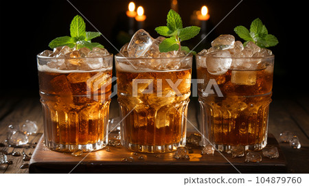 Tasty Cola in a glass with ice cubes and mint in a bar or cafe, menu concept Tasty Cola in a glass with ice cubes and mint in a bar or cafe, menu concept 104879760