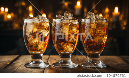 Tasty Cola in a glass with ice cubes and mint in a bar or cafe, menu concept 104879761