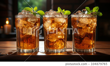 Tasty Cola in a glass with ice cubes and mint in a bar or cafe, menu concept 104879765