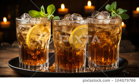 Tasty Cola in a glass with ice cubes and mint in a bar or cafe, menu concept 104879766