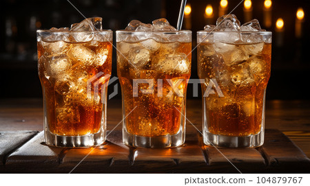 Tasty Cola in a glass with ice cubes and mint in a bar or cafe, menu concept 104879767