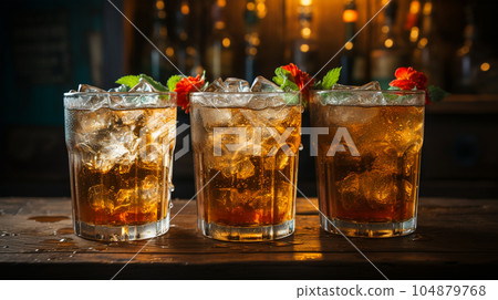 Tasty Cola in a glass with ice cubes and mint in a bar or cafe, menu concept 104879768
