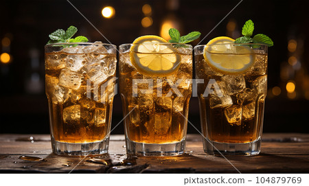 Tasty Cola in a glass with ice cubes and mint in a bar or cafe, menu concept 104879769