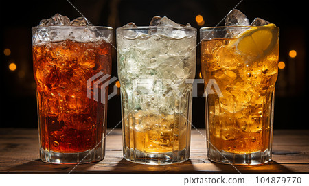 Tasty Cola in a glass with ice cubes and mint in a bar or cafe, menu concept 104879770