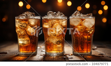 Tasty Cola in a glass with ice cubes and mint in a bar or cafe, menu concept 104879771