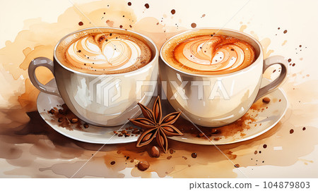 Drawing of a cup of hot cappuccino on a light background, with splashes, breakfast concept 104879803