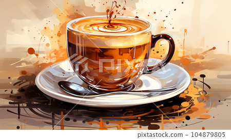 Drawing of a cup of hot cappuccino on a light background, with splashes, breakfast concept 104879805