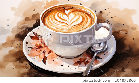 Drawing of a cup of hot cappuccino on a light background, with splashes, breakfast concept Drawing of a cup of hot cappuccino on a light background, with splashes, breakfast concept 104879806