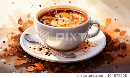 Drawing of a cup of hot cappuccino on a light background, with splashes, breakfast concept Drawing of a cup of hot cappuccino on a light background, with splashes, breakfast concept 104879808