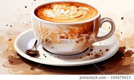Drawing of a cup of hot cappuccino on a light background, with splashes, breakfast concept 104879815