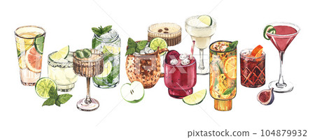Watercolor group cocktail glasses: martini, gin,margarita,mojito,liquor,rum,moscow mule. Hand-drawn illustration isolated on white background. Perfect for recipe lists with alcoholic drinks, for cafe Watercolor group cocktail glasses: martini, gin,margarita,mojito,liquor,rum,moscow mule. Hand-drawn illustration isolated on white background. Perfect for recipe lists with alcoholic drinks, for cafe 104879932