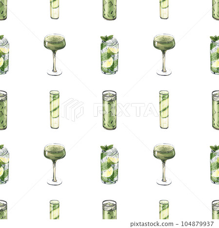 Watercolor seamless pattern, cocktail glasses: mojito, lime, matcha, cucumber. Hand-drawn illustration isolated on white background. Perfect for recipe lists with alcoholic drinks, for cafe 104879937