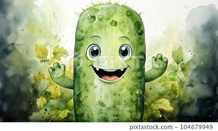 Drawn smiling green cucumber on light background, concept of harvest and agriculture 104879949