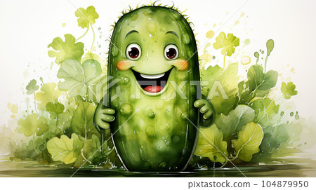 Drawn smiling green cucumber on light background, concept of harvest and agriculture Drawn smiling green cucumber on light background, concept of harvest and agriculture 104879950