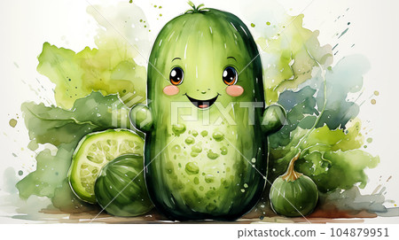 Drawn smiling green cucumber on light background, concept of harvest and agriculture 104879951