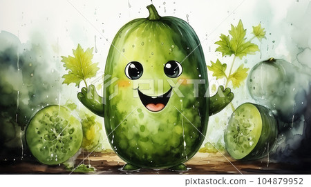 Drawn smiling green cucumber on light background, concept of harvest and agriculture Drawn smiling green cucumber on light background, concept of harvest and agriculture 104879952