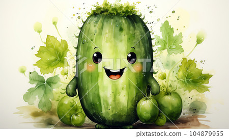 Drawn smiling green cucumber on light background, concept of harvest and agriculture Drawn smiling green cucumber on light background, concept of harvest and agriculture 104879955