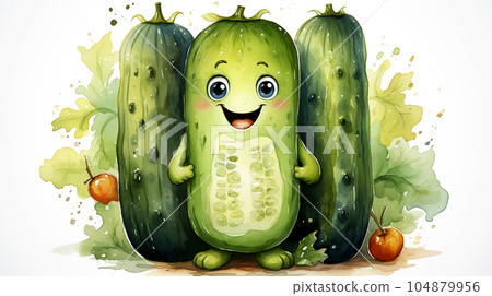 Drawn smiling green cucumber on light background, concept of harvest and agriculture Drawn smiling green cucumber on light background, concept of harvest and agriculture 104879956