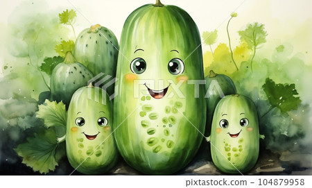 Drawn smiling green cucumber on light background, concept of harvest and agriculture Drawn smiling green cucumber on light background, concept of harvest and agriculture 104879958