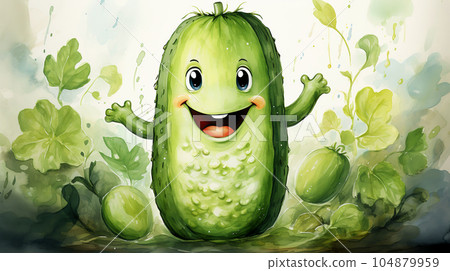 Drawn smiling green cucumber on light background, concept of harvest and agriculture Drawn smiling green cucumber on light background, concept of harvest and agriculture 104879959