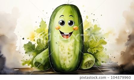 Drawn smiling green cucumber on light background, concept of harvest and agriculture Drawn smiling green cucumber on light background, concept of harvest and agriculture 104879960