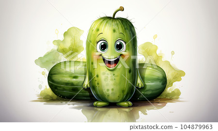 Drawn smiling green cucumber on light background, concept of harvest and agriculture 104879963