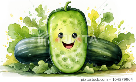 Drawn smiling green cucumber on light background, concept of harvest and agriculture Drawn smiling green cucumber on light background, concept of harvest and agriculture 104879964