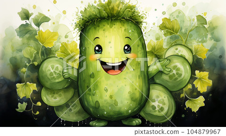 Drawn smiling green cucumber on light background, concept of harvest and agriculture Drawn smiling green cucumber on light background, concept of harvest and agriculture 104879967