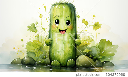 Drawn smiling green cucumber on light background, concept of harvest and agriculture Drawn smiling green cucumber on light background, concept of harvest and agriculture 104879968