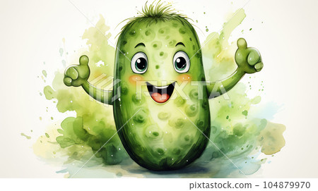 Drawn smiling green cucumber on light background, concept of harvest and agriculture Drawn smiling green cucumber on light background, concept of harvest and agriculture 104879970