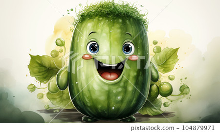 Drawn smiling green cucumber on light background, concept of harvest and agriculture Drawn smiling green cucumber on light background, concept of harvest and agriculture 104879971