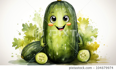 Drawn smiling green cucumber on light background, concept of harvest and agriculture Drawn smiling green cucumber on light background, concept of harvest and agriculture 104879974